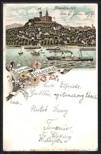 Lithographie Hamburg-Blankenese, Restaurant Süllberg, Dampfer auf der Elbe