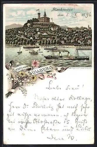 Lithographie Hamburg-Blankenese, Dampfer vor dem Süllberg