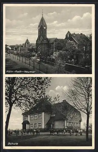 AK Köln-Rath-Heumar, Schule, Strassenpartie mit Kirche