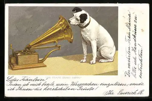 Lithographie Die Stimme Seines Herrn, Terrier lauscht dem Grammophon