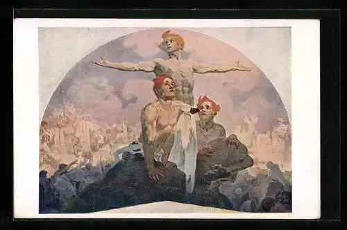Künstler-AK Alphonse Mucha: Silou K Svobode, Láskou K Svornosti, L`Eveillement, Awake!