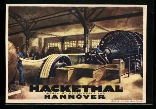 Künstler-AK Hannover, Draht- und Kabel-Werke Hackethal, Hackethal-Verseilmaschine