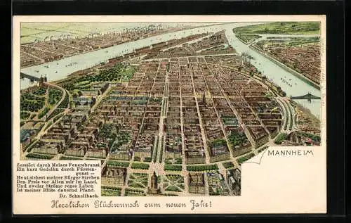 Lithographie Ganzsache PP9C122 /03: Mannheim, Gesamtansicht mit Neckar und Rhein, Neujahrsgruss