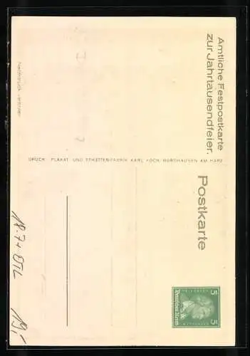 Künstler-AK Nordhausen, Jahrtausendfeier, Strassenpartie mit Denkmal, Ganzsache 5 Pfennig