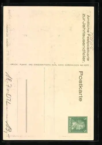 Künstler-AK Nordhausen, Jahrtausendfeier, Fachwerkhäuser und Denkmal, Ganzsache 5 Pfennig