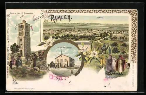 Lithographie Ramleh, Reinhardt`s Hotel, Thurm der 40 Märtyrer