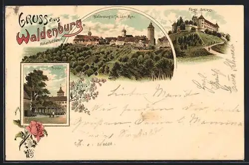 Lithographie Waldenburg / Sachsen, Linde, Fürstliches Schloss, Ortsansicht