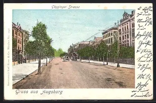 Goldfenster-AK Augsburg, Strassenbahn in der Gögginger Strasse