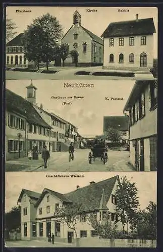 AK Neuhütten / Württ., Gasthaus zur Sonne und Postamt, Geschäftshaus Wieland, Ortspartie mit Schule und Kirche