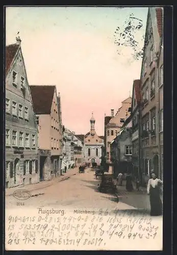 AK Augsburg, Milchbergstrasse mit Geschäften und Turmgebäude