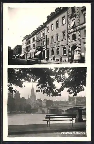 AK Konstanz /Bodensee, Bahnhof-Hotel mit Strasse, Ortspanorama mit Brücke und Uferpromenade