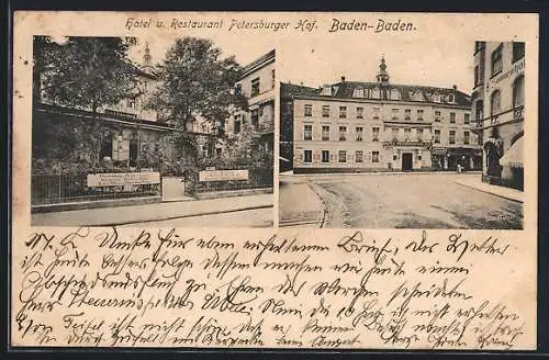 AK Baden-Baden, Hotel-Restaurant Petersburger Hof, Ansichten mit Strasse und Garten