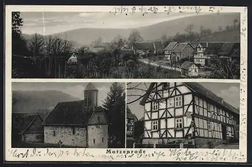 AK Motzenrode, Gasthaus zum hohen Stein, Kirche, Ortsansicht mit Bergpanorama