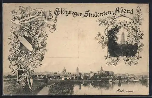 AK Eschwege, Eschweger Studenten-Abend, Studentenwappen, Turm, Ortspanorama