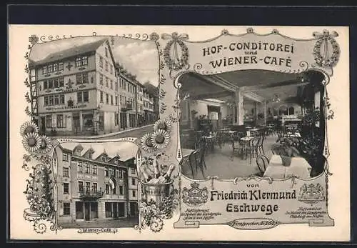 AK Eschwege, Hof-Conditorei-Wiener Cafe F. Klermund mit Strasse, Innenansicht, Wappen