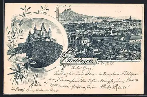 Lithographie Hechingen, Burg Hohenzollern, Ortsansicht mit Burg