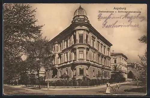 AK Augsburg, Stettenstrasse u. Schiessgrabenstrasse mit Turm-Eckgebäude