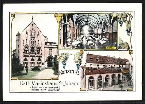 AK Konstanz, Kath. Vereinshaus St. Johann, Hotel-Restaurant neben dem Münster, Festsaal