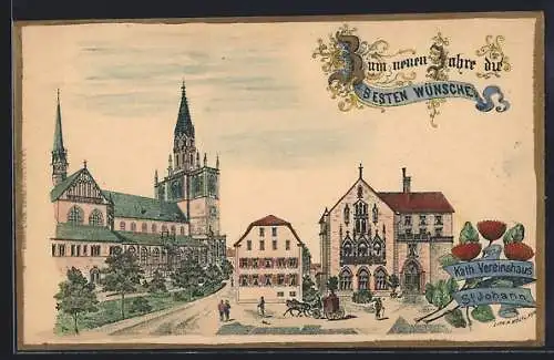 Lithographie Konstanz, Kath. Vereinshaus St. Johann und Kirche, Neujahrsgruss