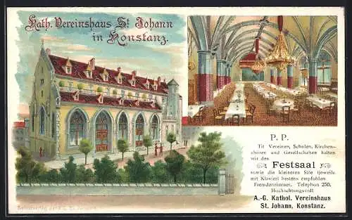 Lithographie Konstanz, Kath. Vereinshaus St. Johann, Aussen- und Innenansicht