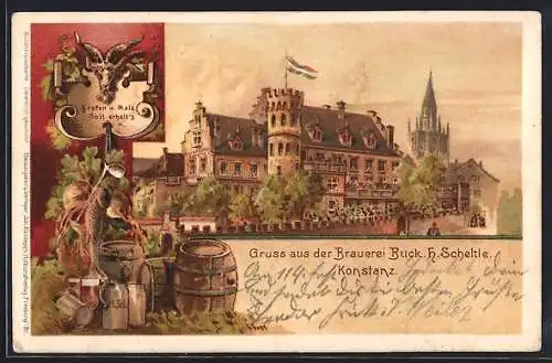 Lithographie Konstanz, Brauerei Bruck, Wappen