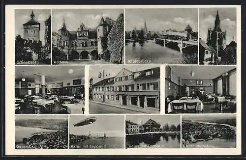 AK Konstanz, Hotel Falken, Kreuzlingerstr., Schnetztor, Rathaus, Rheinbrücke, Hafen mit Zeppelin