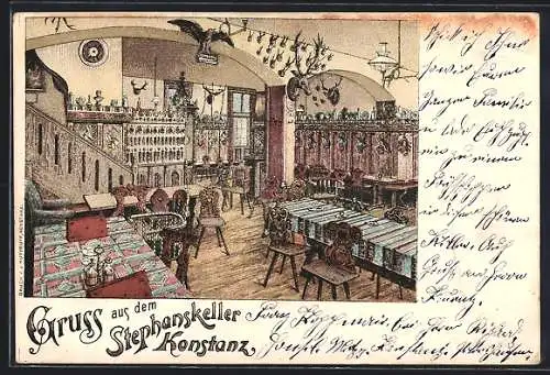 Lithographie Konstanz, Restaurant Stephanskeller, Innenansicht