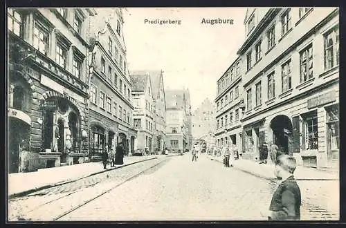 AK Augsburg, Strasse Predigerberg mit Metzgerei Otto Striebel