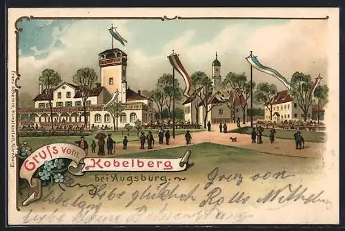 Lithographie Augsburg, Gasthof Kobelberg mit Besuchern