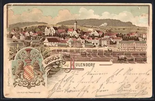 Lithographie Aulendorf, Gesamtansicht mit Bahnhof, Wappen