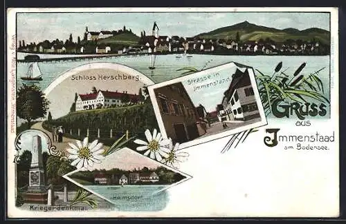 Lithographie Immenstaad am Bodensee, Schloss Herschberg, Strasse, Helmsdorf, Kriegerdenkmal