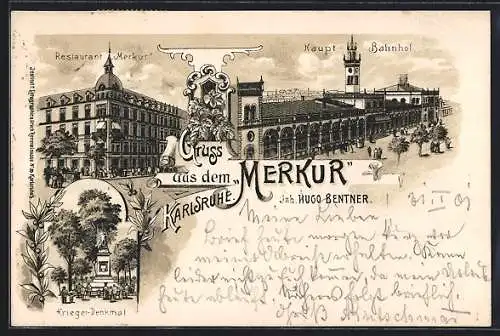 Lithographie Karlsruhe, Hauptbahnhof, Restaurant Merkur, Kriegerdenkmal