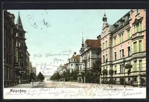 AK München, Mozartstrasse mit Bavaria im Sonnenschein