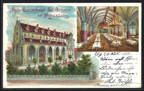 Lithographie Konstanz, Kath. Vereinshaus St. Johann, Aussen- und Innenansicht