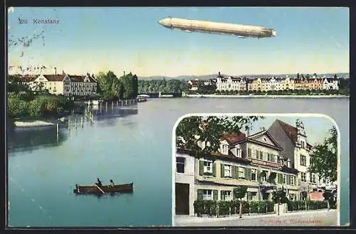 AK Konstanz, Restaurant Bodanshalle, Zeppelin über dem Bodensee