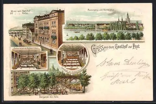 Lithographie Konstanz, Gasthof zur Post, Panoramablick auf die Ortschaft