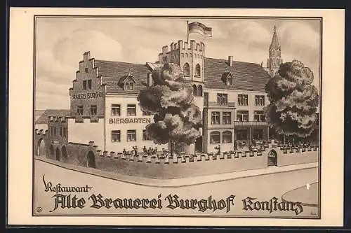 Künstler-AK Konstanz, Die Alte Brauerei Burghof mit Restaurant und Biergarten, Inh. Hans Häussler