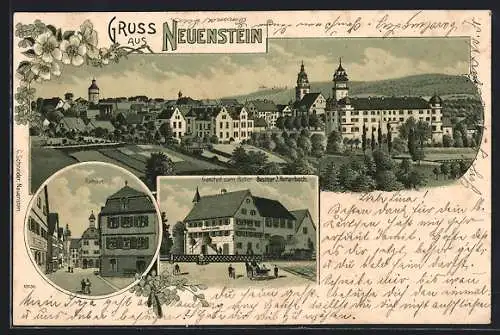 Lithographie Neuenstein / Württ., Gasthof zum Ritter v. J. Hettenbach, Rathaus, Gesamtansicht