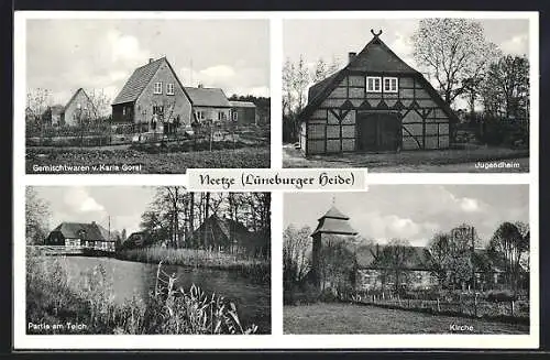 AK Neetze /Lüneburger Heide, Partie am Teich, Jugendheim und Kirche