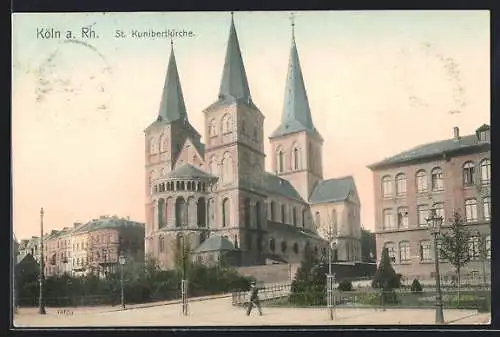 AK Köln a. Rh., St. Kunibertkirche mit Strasse und Anlagen