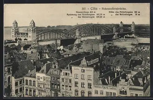 AK Cöln a. Rh., Hohenzollernbrücke mit Hotel Ratskeller aus der Vogelschau