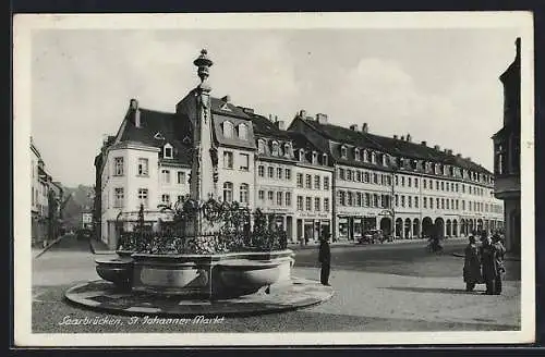 AK Saarbrücken-St. Johann, Markt mit Brunnen und Geschäften