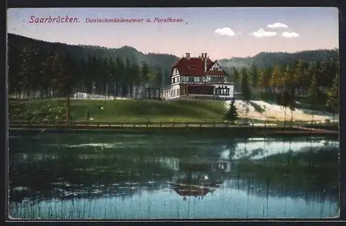 AK Saarbrücken, Partie am Deutschmühlenweiher mit Forsthaus
