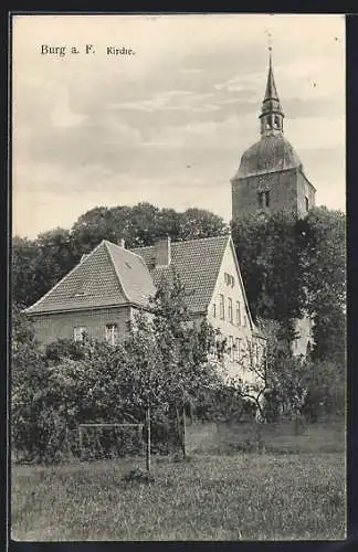 AK Burg a. F., Kirche mit Wiese und Haus