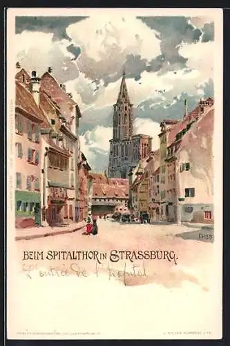 Künstler-Lithographie Franz Xaver Hoch: Strassburg, Partie beim Spitalthor