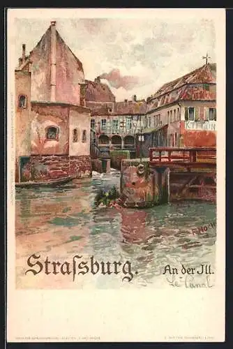 Künstler-Lithographie Franz Xaver Hoch: Strassburg, An der Ill