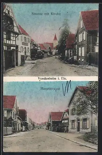 AK Vendenheim i. Els., Hauptstrasse, Strasse mit Kirche