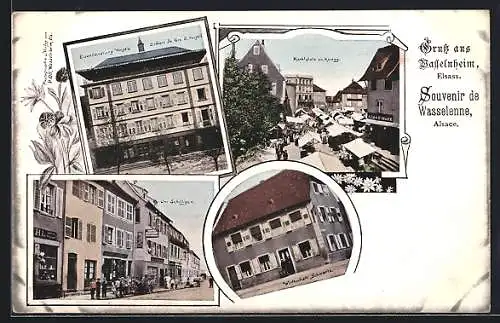 AK Wasselnheim /Elsass, Eisenhandlung Voegele, Im Schilligen, Marktplatz am Montag