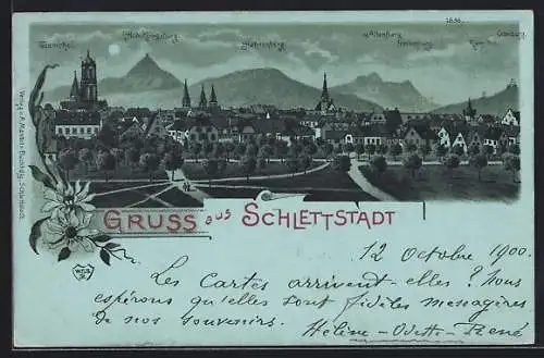 Mondschein-Lithographie Schlettstadt, Stadtansicht mit Taennchel, Ortenburg, Hahnenberg und Hoh-Königsburg