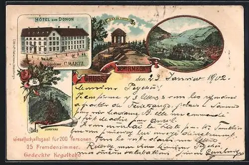 Lithographie Schirmeck, Hôtel zum Donon, Bes. C. Martz, Donon Tempel, Jungfrau